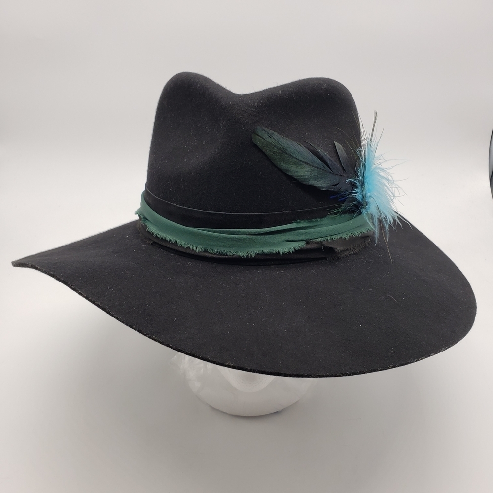 Lack Of Color Med 57cm Black Wool Hat Blue Feather green black band embroidered - Picture 6 of 11
